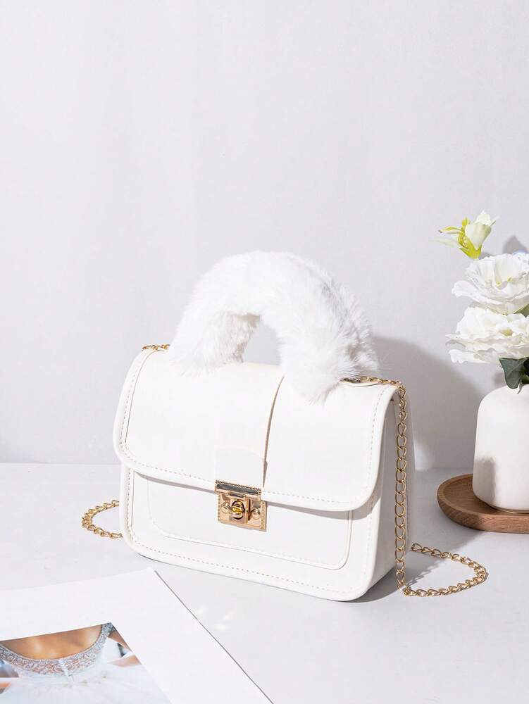 Women's Vintage Plush Handbag With Printed Design Small Square Purse Metal Chain Crossbody Bag Cute Casual Daily Wear Mini Handbag Gift