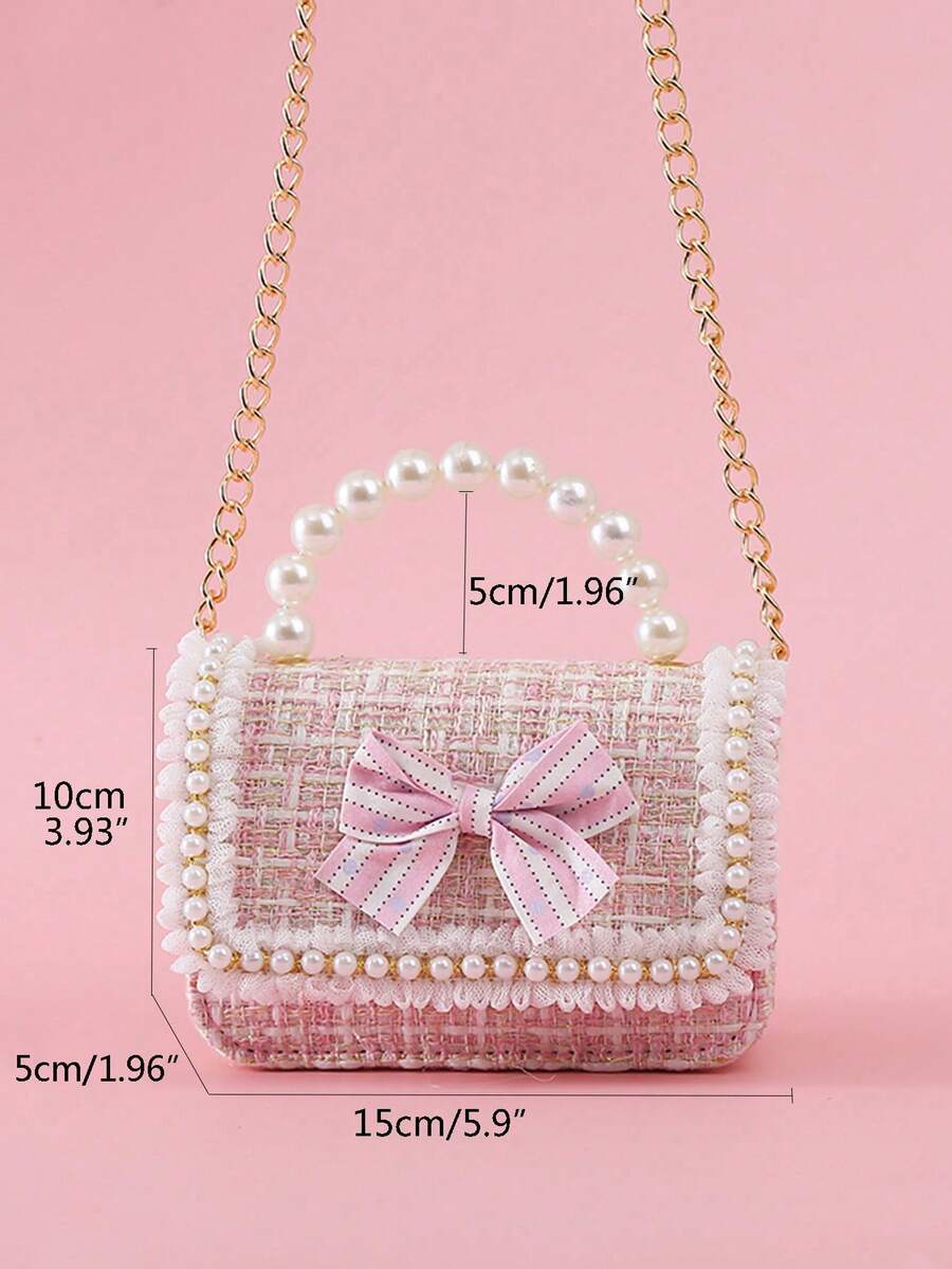 Girls Mini Handbag With Bow Pearl Lace Decor PU Leather Chain Flap Closure Cute Small Purse For Kids Daily Outings Festival Party Gift