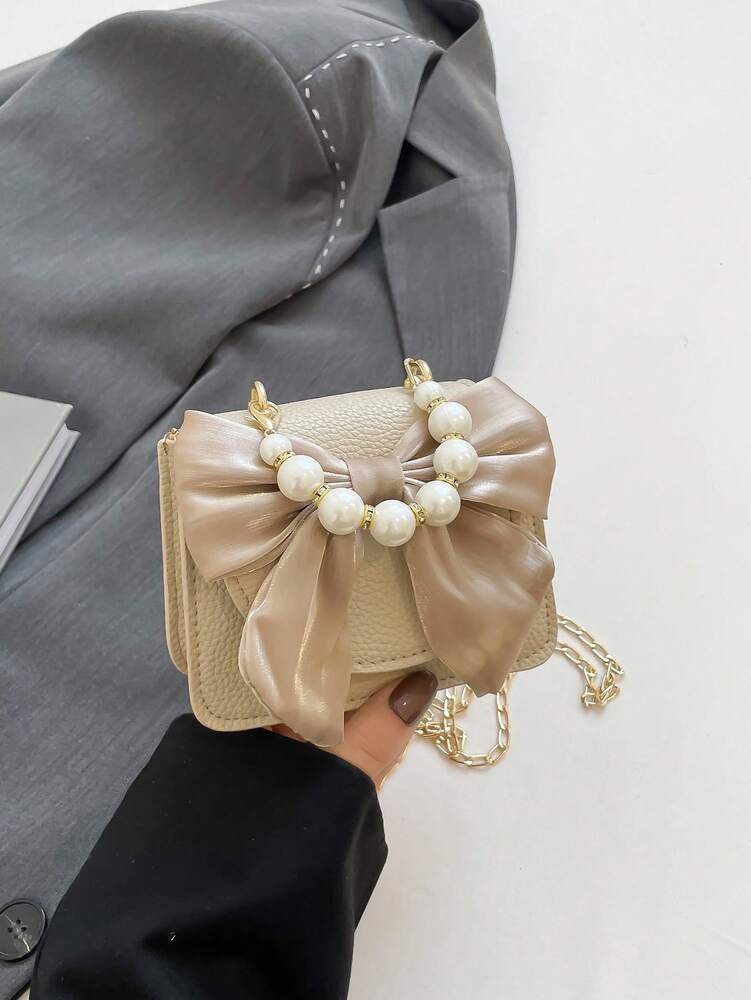Women's Cute Bow Pearl Handbag With Chain Shoulder Strap Flip Magnetic Closure Fashion Crossbody Purse Stylish Mini Bag For Girls Party Gift