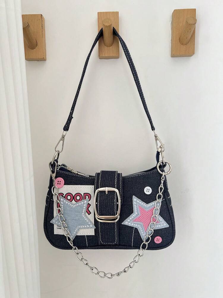 Women's Y2K Star Moon Print Crossbody Bag With Pink Chain Decor Stylish Baguette Shoulder Bag Gothic Steampunk Rock Style Party Purse