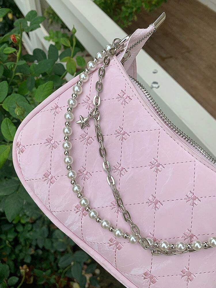Women's Faux Pearl Chain Crossbody Bag Small Square Shoulder Bag Minimalist Design Elegant Summer Fashion Purse Cute Girly Daily Outfit