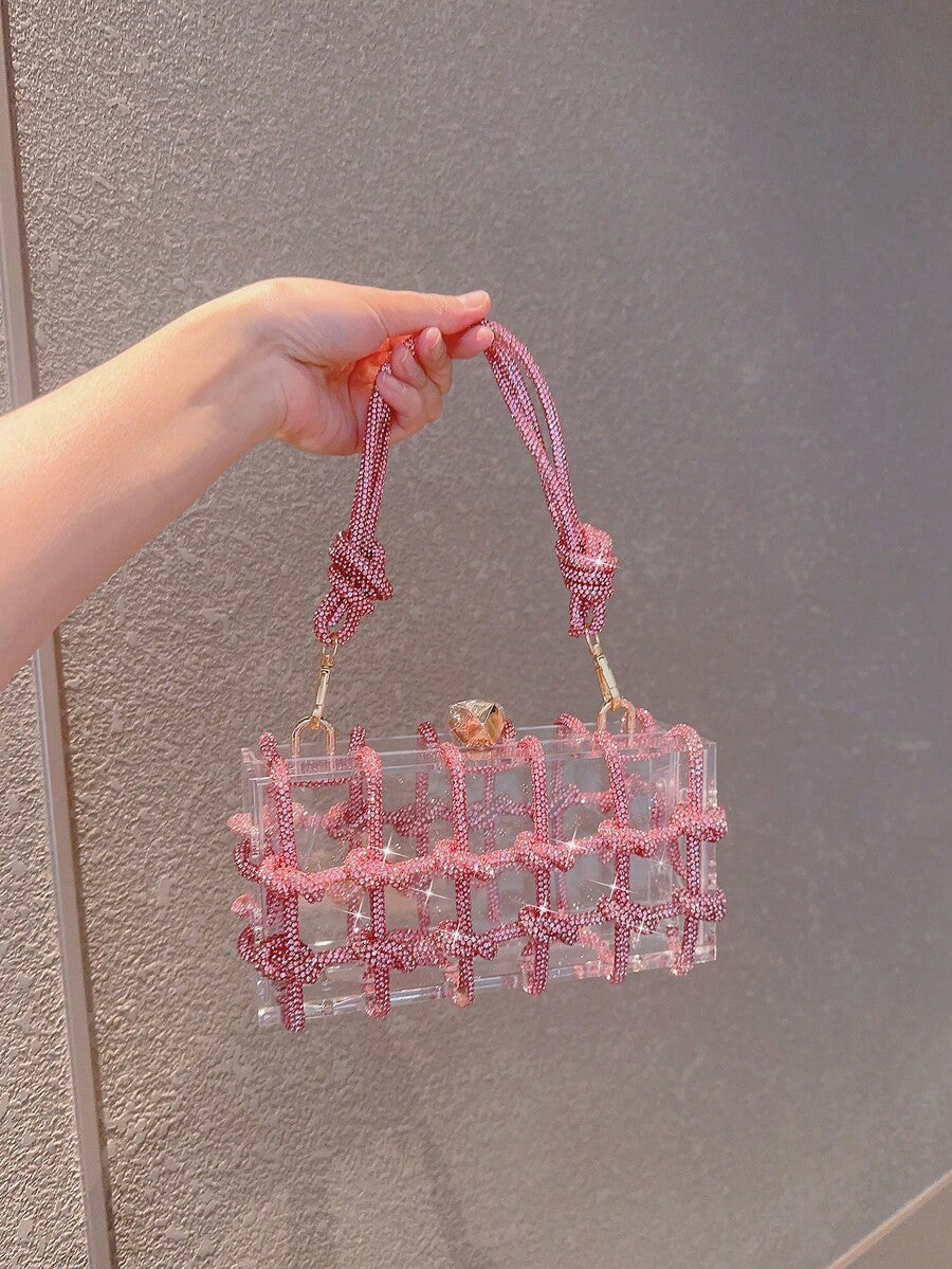 Women's Rhinestone Crescent Moon Clutch Elegant Sparkling Evening Bag With Glitter Detailing Rope Handle Prom Dinner Wedding Party Purse
